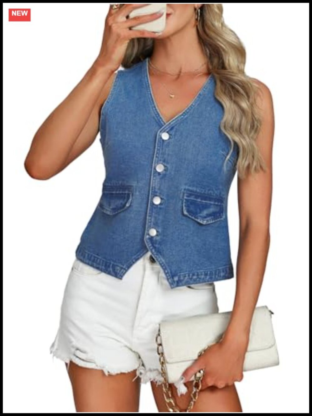 Denim Vest Women V Neck Button Down Sleeveless Casual Waistcoat Jean Vest Top